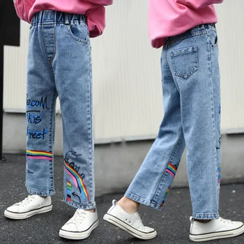 Dekleta Jeans 2020 Pomlad Moda Elastični Pas, Jeans Dekleta Risanka Vzorec Tiskanje Kavbojke Najstniki Priložnostne Grafiti Širok Noge Jeans