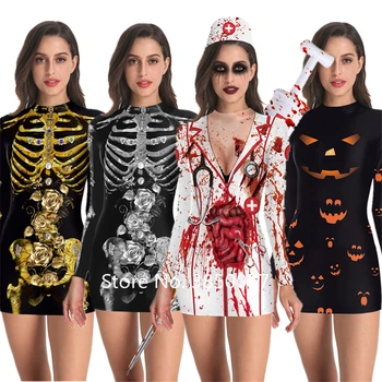 7Style Helloween Grozljive Kostume Ženske Obleka Vampir Duha Grozo Seksi Okostje Tiskanja Bodysuit Carnival Party Delovanje Oblačila